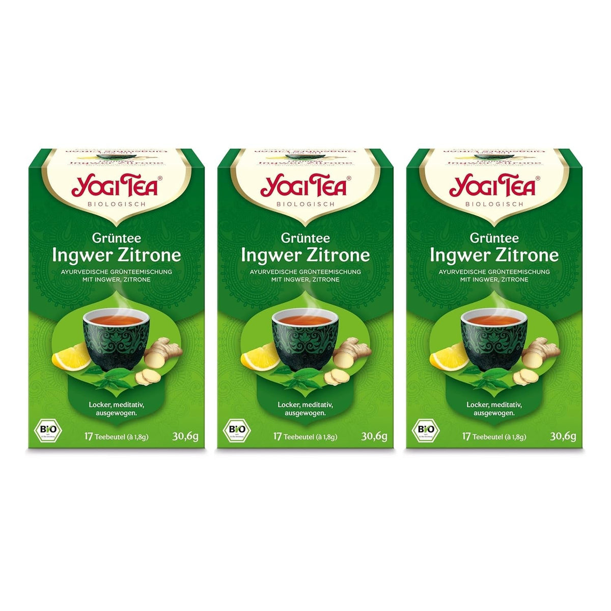 Yogi Tea - Ceai verde cu ghimbir și lămâie, ceai ayurvedic organic cu condimente și plante, amestec de ceai verde, ghimbir și lămâie, pachet de 3 ceaiuri Yogi, 3X17 pliculețe (51 pliculețe de ceai în total), ideal ca cadou
