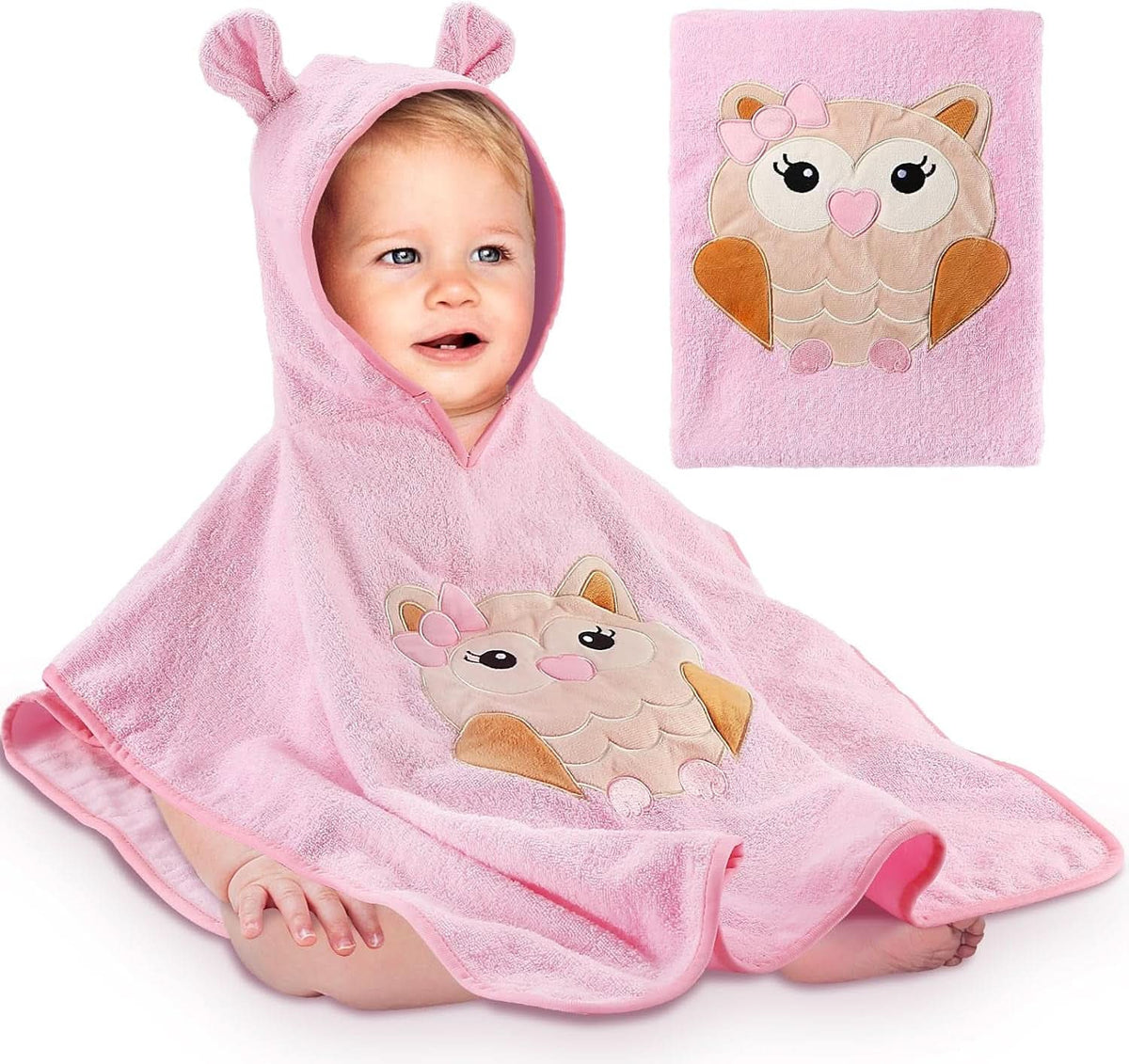 Bath poncho for children Oeko TEX, 100% cotton Mother and Child Naty Shop Pink owls