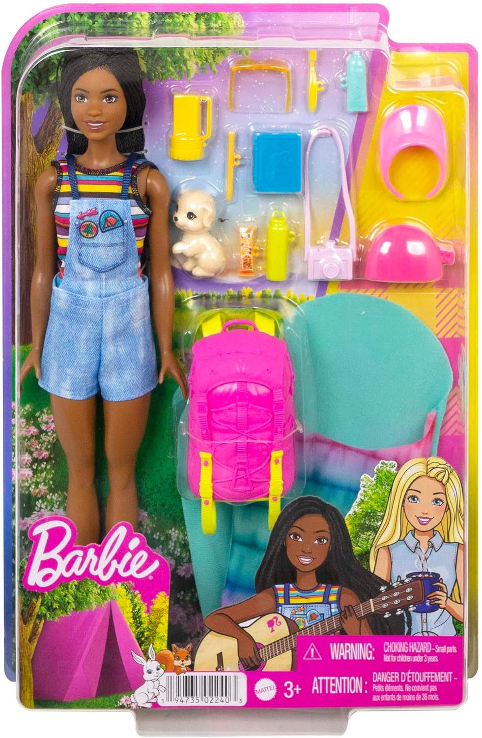 Păpușă Barbie HDF74 Twin Pack! Păpușă Brooklyn Camping (brunetă cu codițe împletite, aprox. 29 cm) cu cățeluș, rucsac, sac de dormit, 10 accesorii de camping, cadou pentru copii cu vârsta de 3 ani și peste
