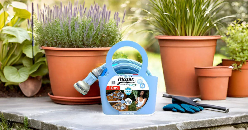 Furtun de grădină Magic Blue, extensibil, de 10 metri, rezistent la noduri și răsucire, cu sac și duză de pulverizare