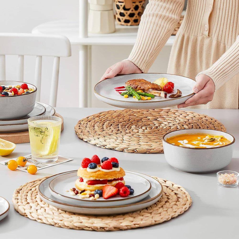 Set de veselă din gresie pentru 6 persoane, Vancasso LOIRE, serviciu de cină cu 18 piese pentru 6 persoane, gri modern, include bol, farfurie de desert și farfurie de cină, potrivit pentru cuptorul cu microunde și mașina de spălat vase