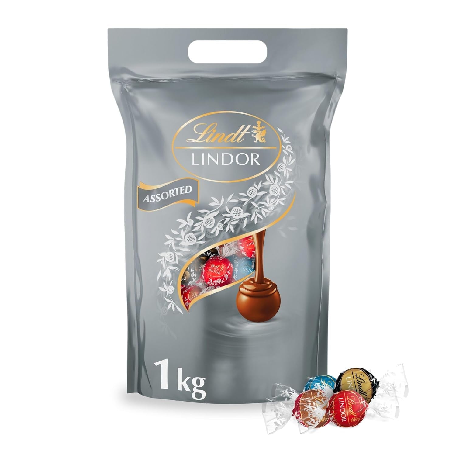 Lindt Chocolate | Assorted bag LINDOR silver | 1 kg bag | 80 melt-in-your-mouth milk chocolate balls, 70%, salted caramel and double chocolate flavors | Gift of chocolate to share