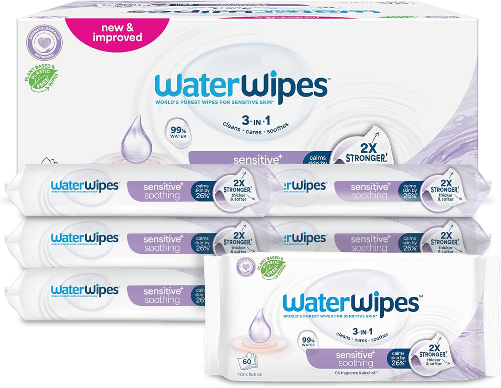 WaterWipes Sensitive+ Soothing Clean Wet Wipes, 720 Count (12 Pack), 3-in-1 Cleansing, Care and Soothing, 99% Water with Plant Extract, Fragrance Free Baby Wet Wipes