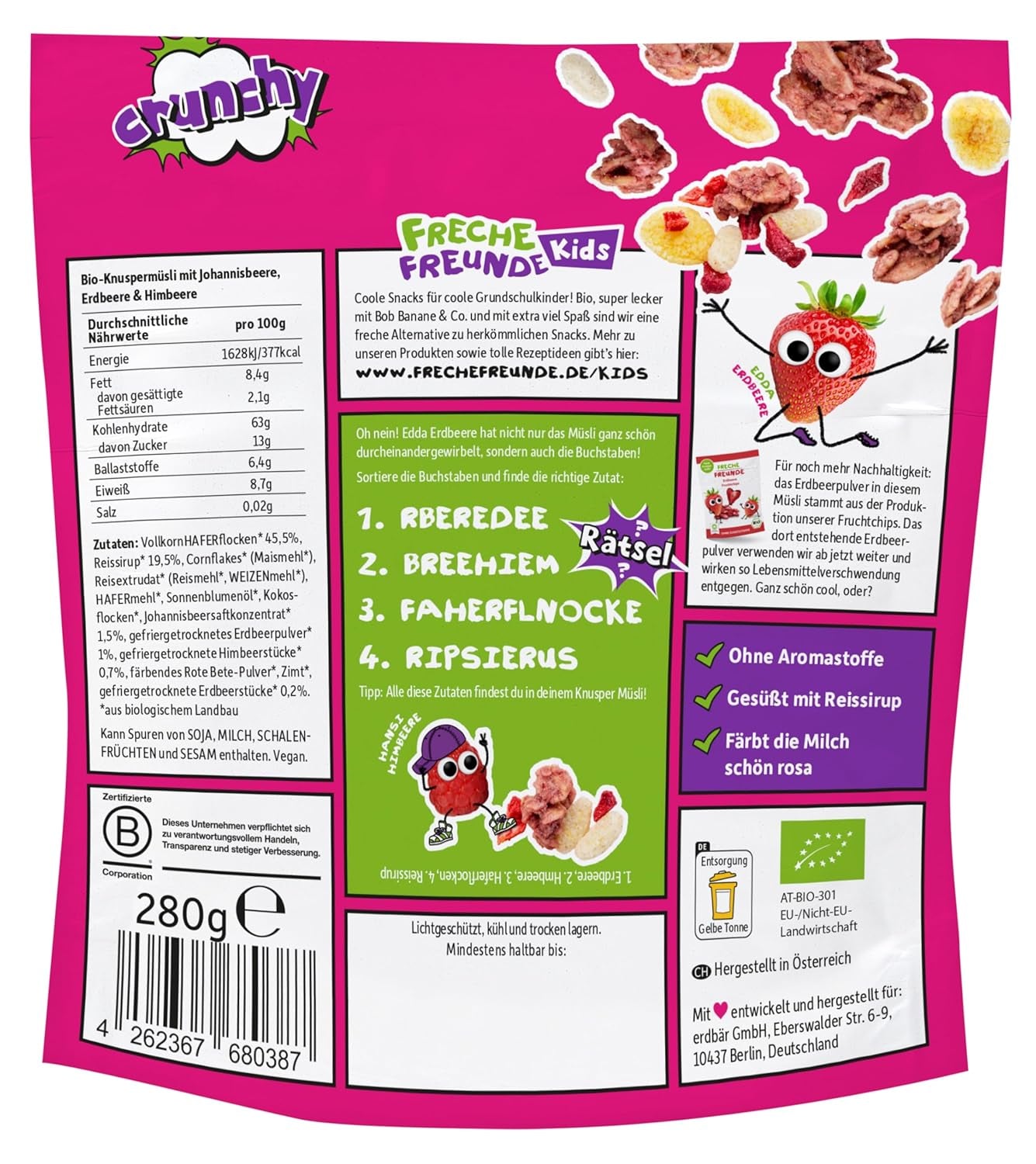 FRECHE FREUNDE Organic Breakfast Muesli Edda's Berry Crunchy Muesli Mix for Schoolchildren with Freeze Dried Strawberries Vegan 6 Pack (6 x 280g)