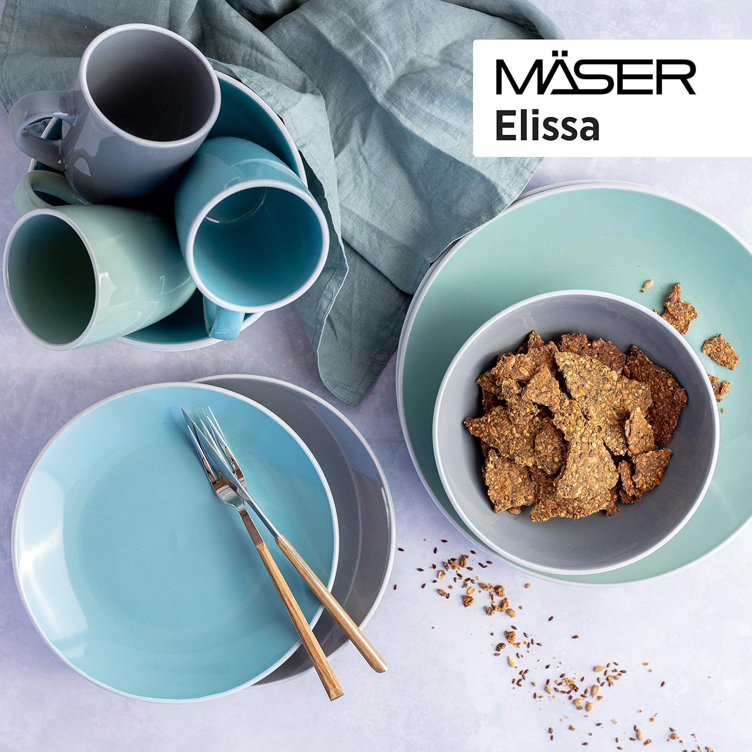 MÄSER 931844 Set de veselă modernă din seria Elissa pentru 6 persoane, albastru cu margine albă, set combinat cu 24 de piese, ceramică