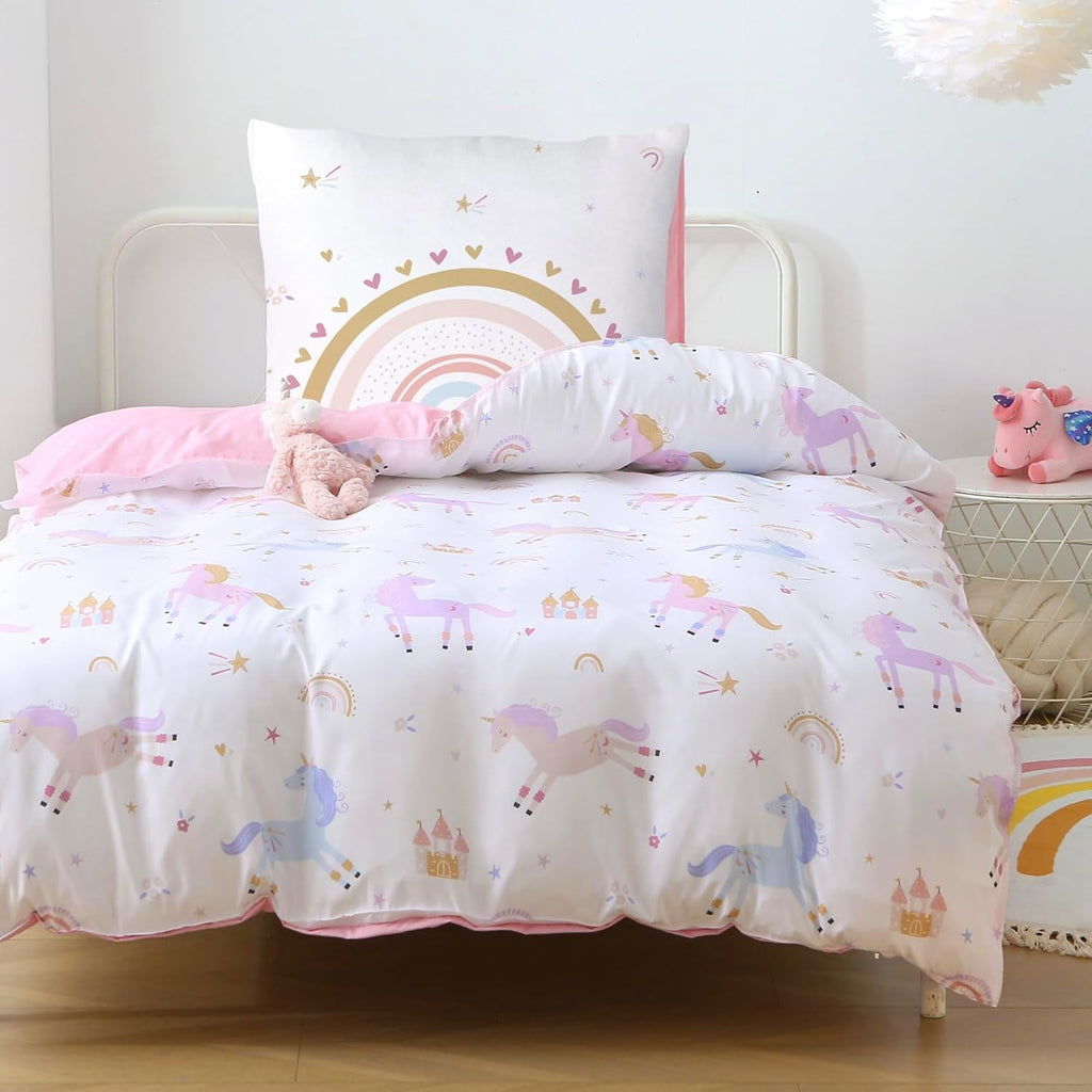 Fekohipy Bettwäsche 135X200 Mädchen Einhorn Kinderbettwäsche Rosa 3D-Druck Mikrofaser Regenbogen Kinder Bettbezug Mit Reißverschluss Und 1 Kissenbezug 80X80Cm 2-Teilige Kinderbettwäsche-Set Naty Shop Einhornregenbogen 135X200Cm+80X80Cm