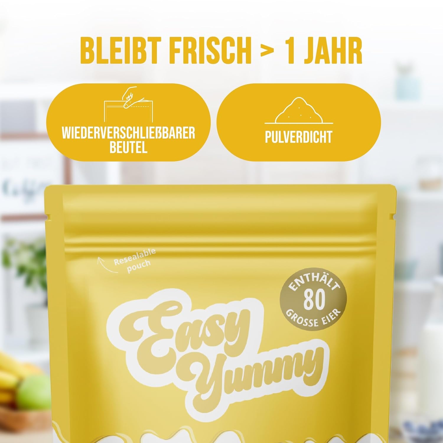 EASY YUMMY - Vollei-Eipulver (1000g = 80 Eier) aus Regionalen Niederländischen Freiland-Eiern | myth 1-Ei-Messlöffel | Wiederverschließbarer Beutel, lange Haltbarkeit | Rührei, Kochen, Backen | 100% them