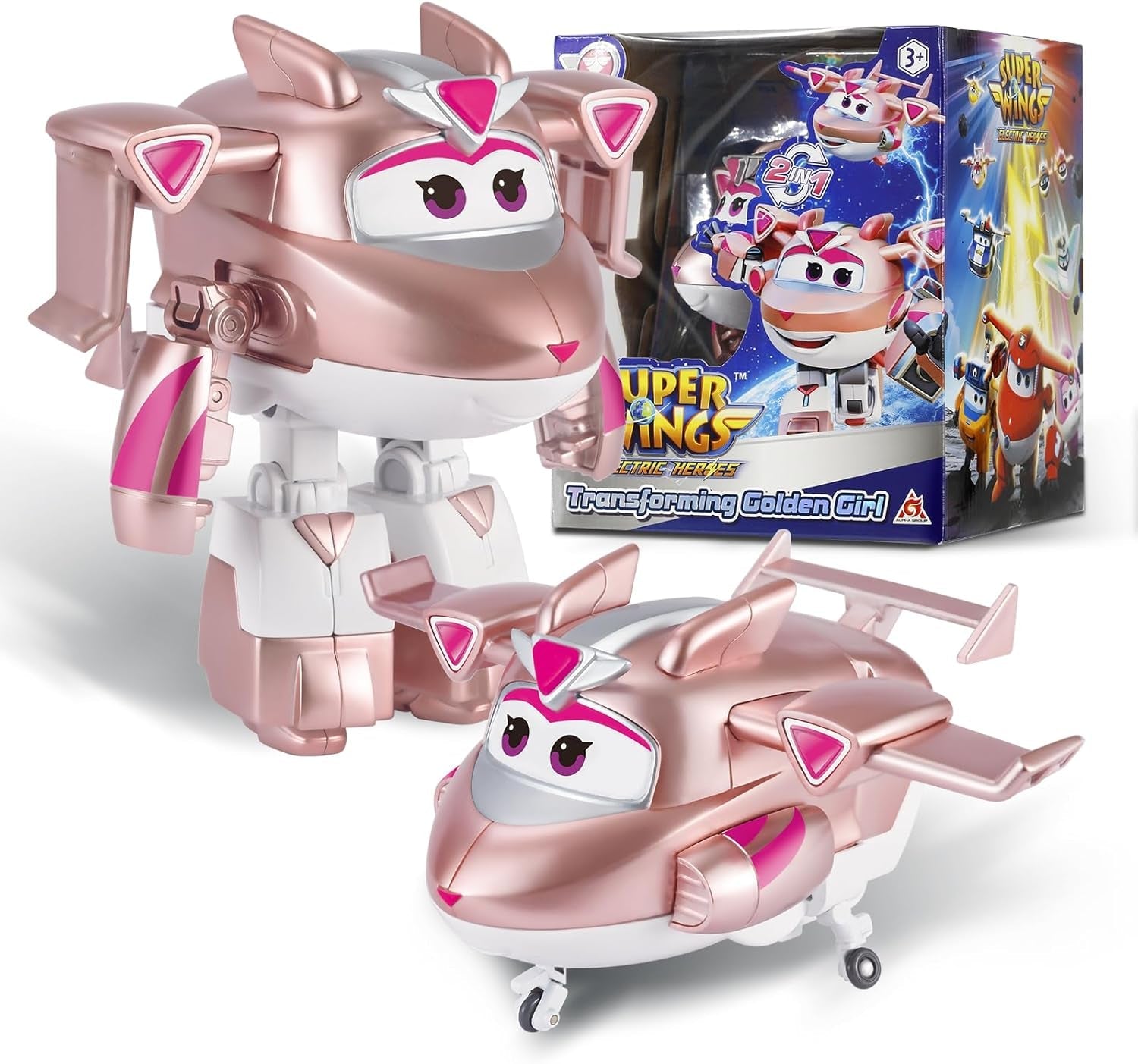 Super Wings Transformation Plane Supercharged Traver, Approx. 12.7 Cm Large Children's Play Figure Toy Airplane and Robot Figure for Boys and Girls Above 3 Years Old Silver Action Figures Naty Shop Gold Girl
