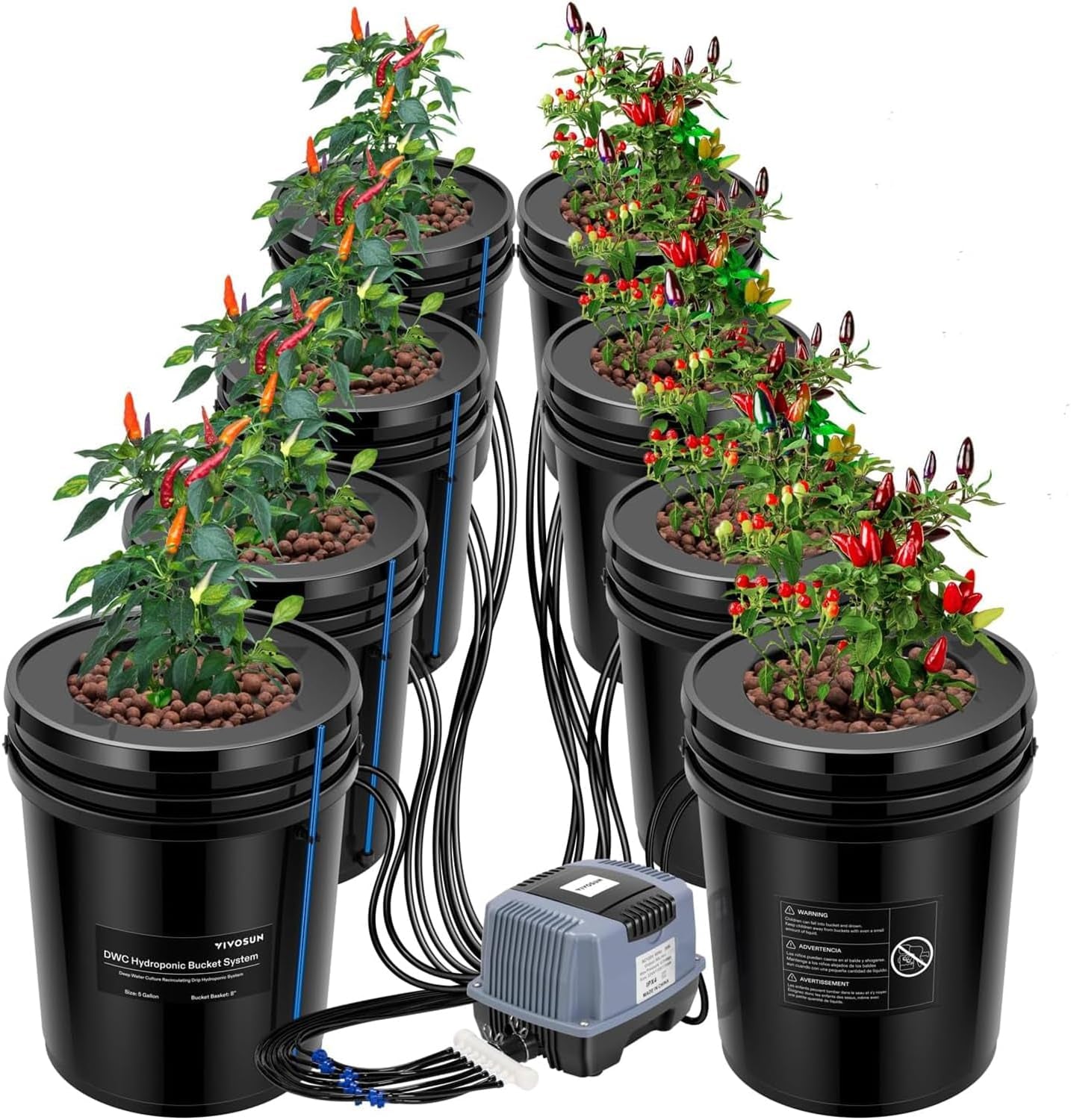 VIVOSUN DWC Hydrokultur Anbausystem mit Topf-Tropfkit, 5-Gallonen Tiefwasserkultur, Umwälz-Tropfgartensystem mit Mehrzweck-Luftschlauch, 8W Luftpumpe und Luftstein (1 Eimer + Top-Drip-Kit)