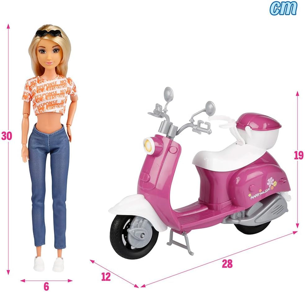 Isabella Gelenkpuppe mit Roller, 30 cm, Motorrad-Spielzeug, including accessories, Sonnenbrille, Handy, Selfie-Halterung, Helm, Refreshment, Puppen für Mädchen, Geschenke ab 3 Jahren (47812)