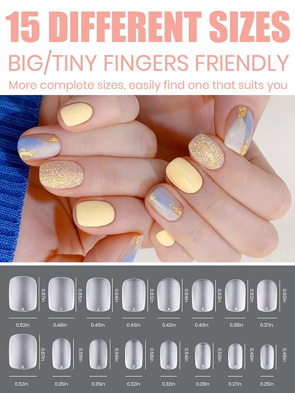 EBANKU 420 bucăți vârfuri de unghii scurte pătrate, vârfuri mate cu acoperire completă, vârfuri moi cu gel, vârfuri transparente pre-lustruite pentru unghii cu gel, vârfuri artificiale pentru extensii de unghii, 15 dimensiuni (scurte pătrate)