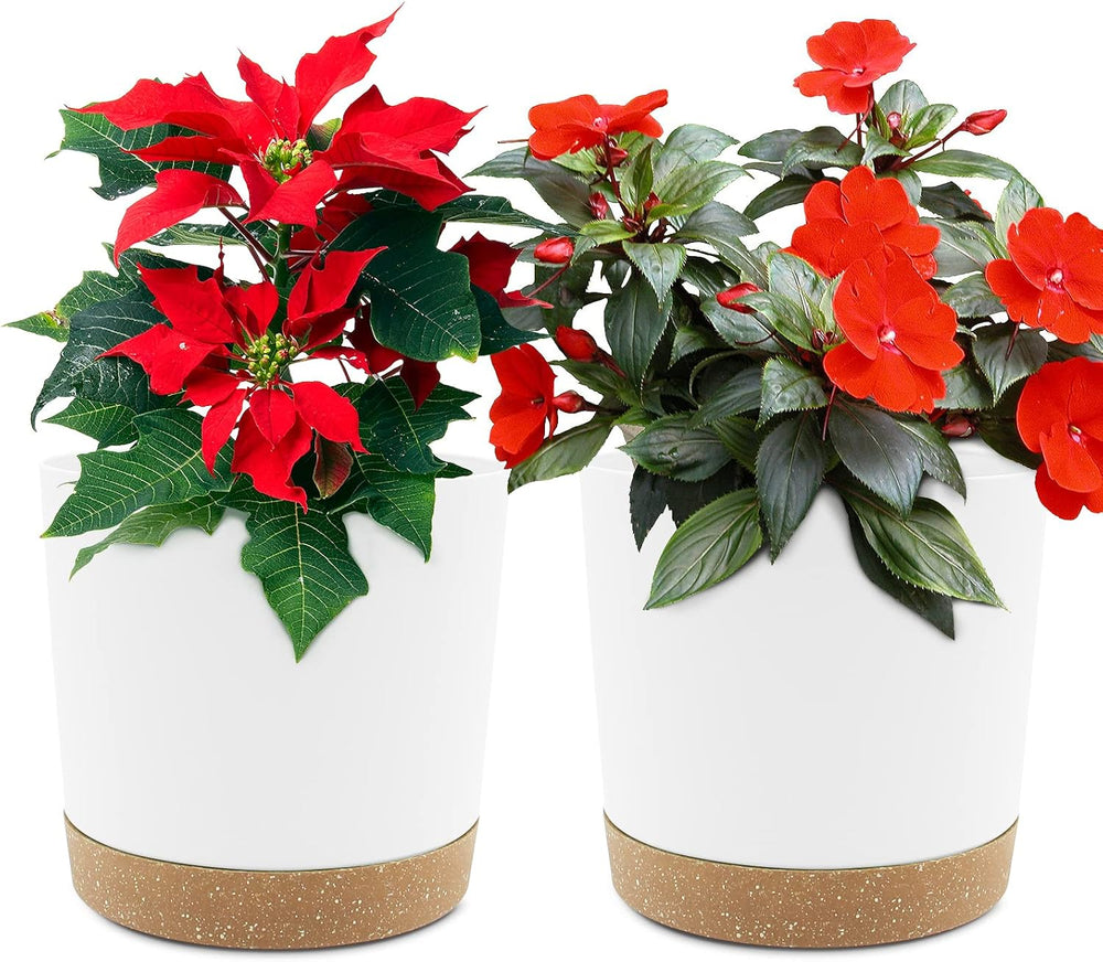12.7cm Set of 2 Flower Pots, Indoor Plant Pots with Drainage Holes and Removable Base, Modern Decorative Saucers for Outdoor Garden Planters (White 12.7cm)