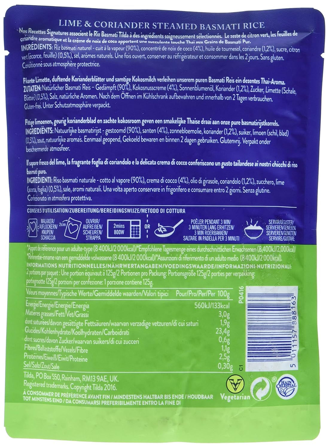 TILDA Steamed Basmati Rice with Lime and Coriander for Microwave, 250g