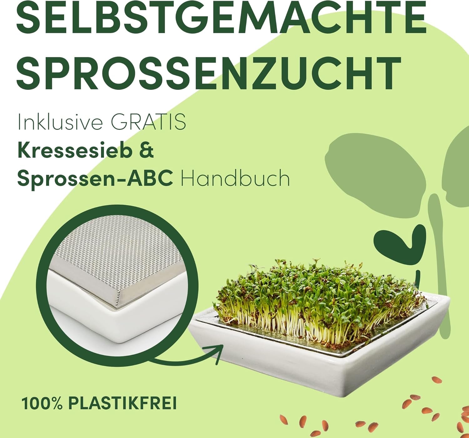 [Original starter set with sprouting jar + watercress strainer | 1000ml with High Quality Stainless Steel Mesh Cover Stand Ceramic Tray + ABC for Germination [Print Version] Seedling Tray with Germination Jar