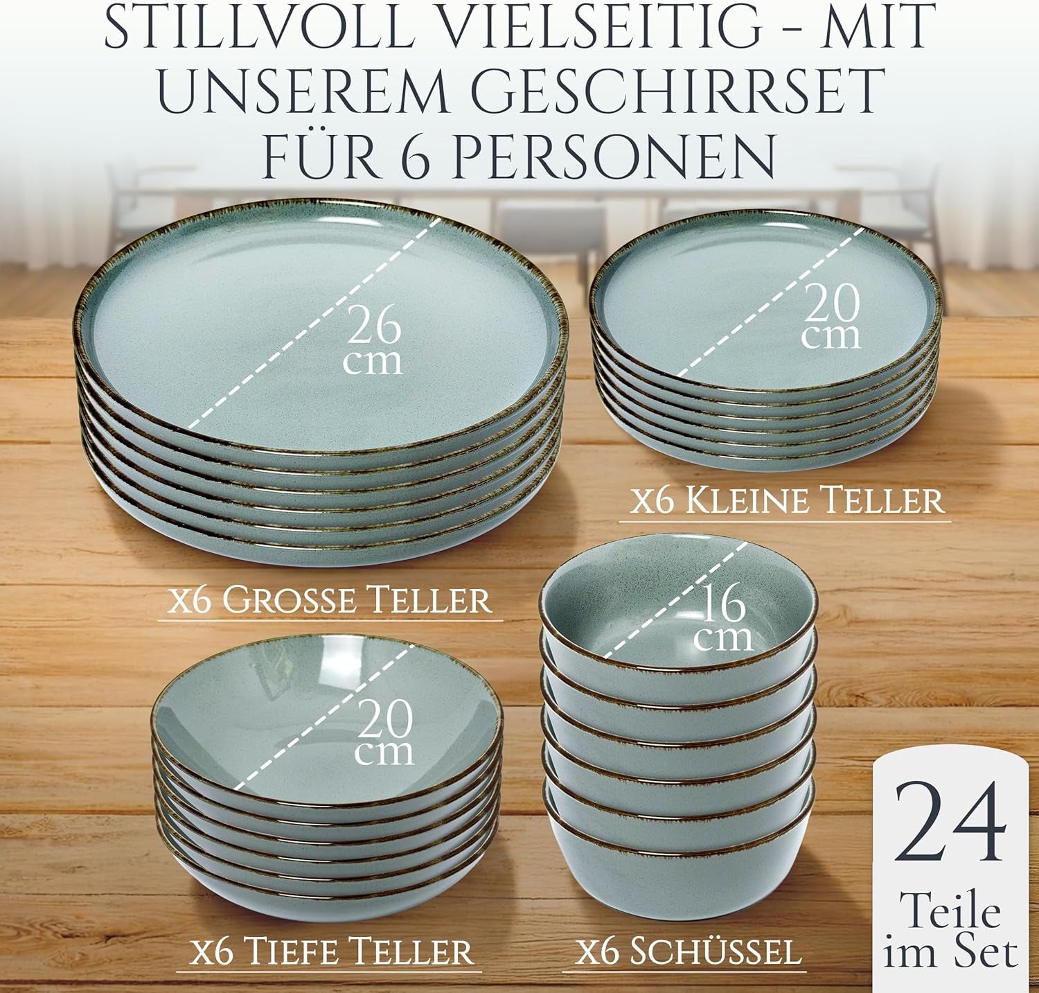 Steingut Geschirrset 6 Personen Rustic 24 tlg. TESTSIEGER, Hochwertiges Landhaussttil Steingut Geschirr Set, Schüssel- und Teller Set, Tafelservice 6 Personen, Geschirrsets Pure Living in Rauchblau