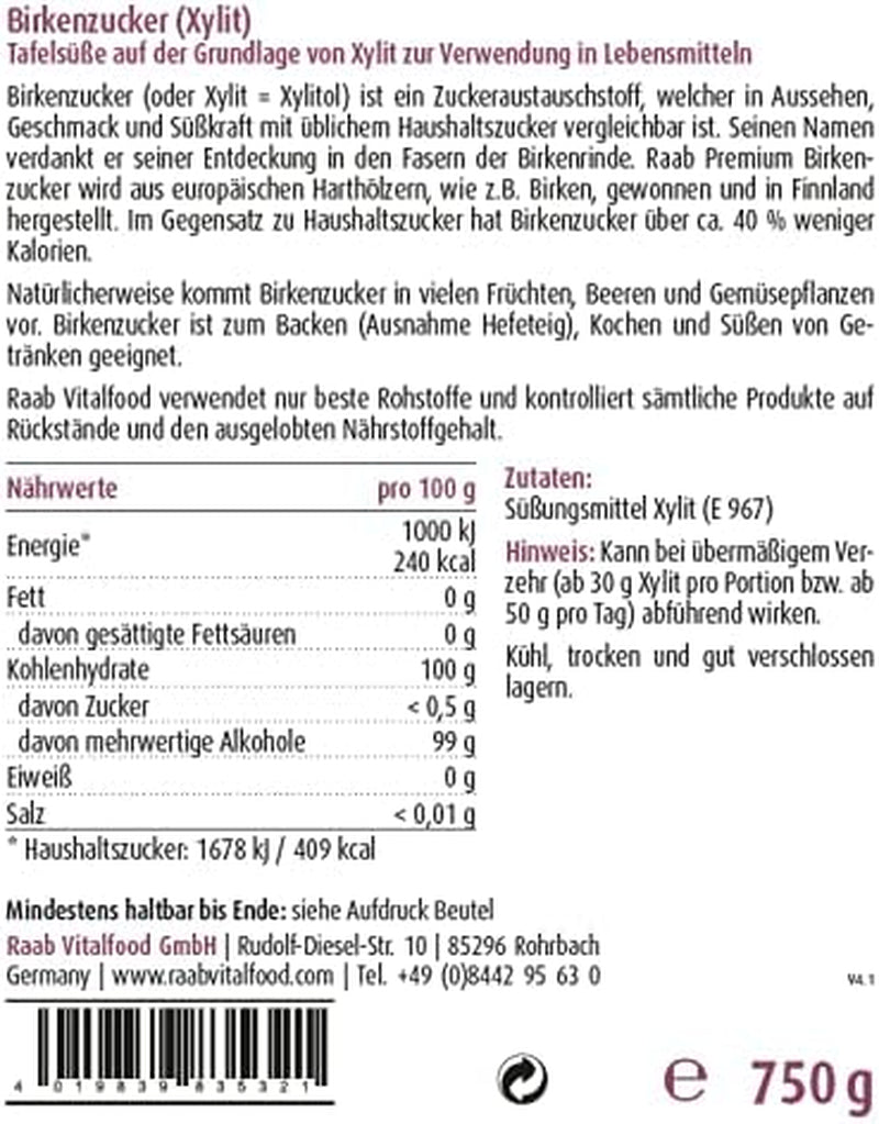Raab Vitalfood Premium Birkenzucker, Xylit, Vegan, 1:1 Zucker-Alternative, Süßungsmittel, Zahnfreundlich, Vorratspack, 750 G Indulcitori Naty Shop