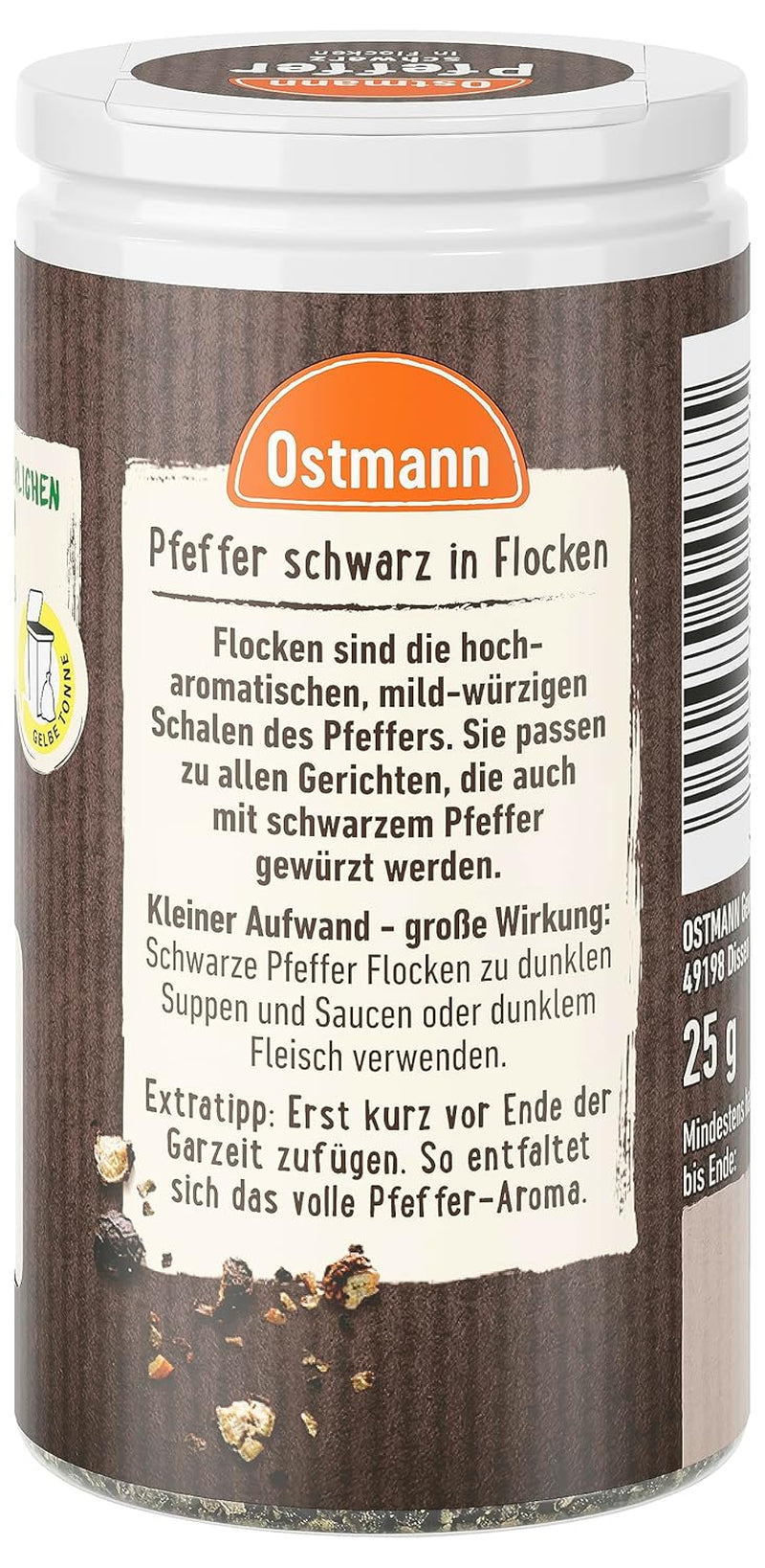 Ostmann Gewürze - Schwarze Pfefferflocken | Grober Pfeffer für intensiv-schwarfen Gesmack | Mit praktischem Streuaufsatz | 25 g in Der Streudose