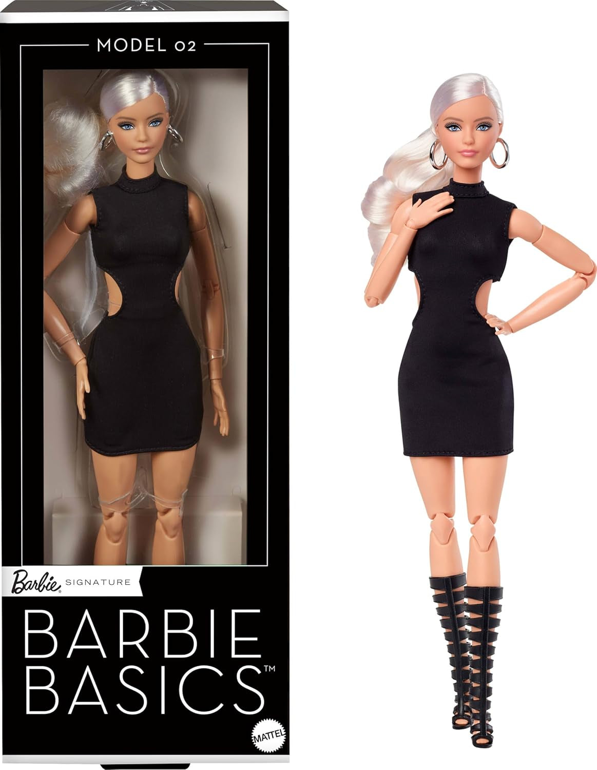 Barbie Basics Model 2 Collectible Doll with Blonde Hair, Black Mini Dress and Gladiator Boots, Universal Fit Fashion, Movable Body and Interchangeable Head, JBH71 Naty Shop Dolls Default Title