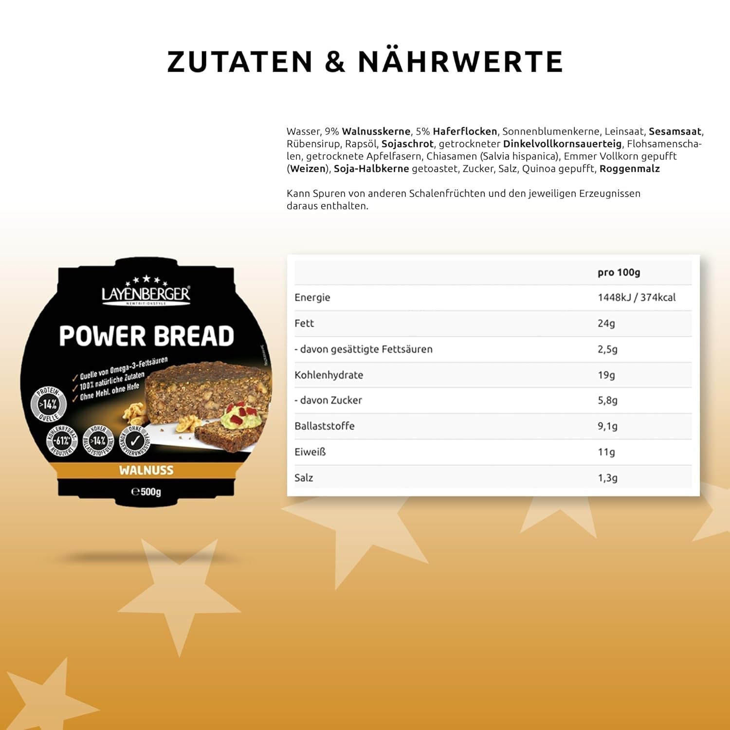 Layenberger Prower Bread Walnut, Eiweiß- Und Ballaststoffquelle, Ohne Konservierungsmittel, Ohne Hefe, Ohne Mehl, Mit 14G Protein Pro 100G, (1 X 500G) Mixture for baking and cooking Naty Shop