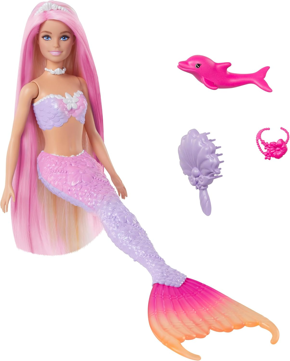 BARBIE Meerjungfrau-Puppe - Inspiriert von der Fernsehserie "Barbie Ein verborgener Zauber", mit Farbwechseleffekt und Zubehör, 19 cm lange pinke Haare zum Stylen, für Kinder ab 3 Jahren, HRP97