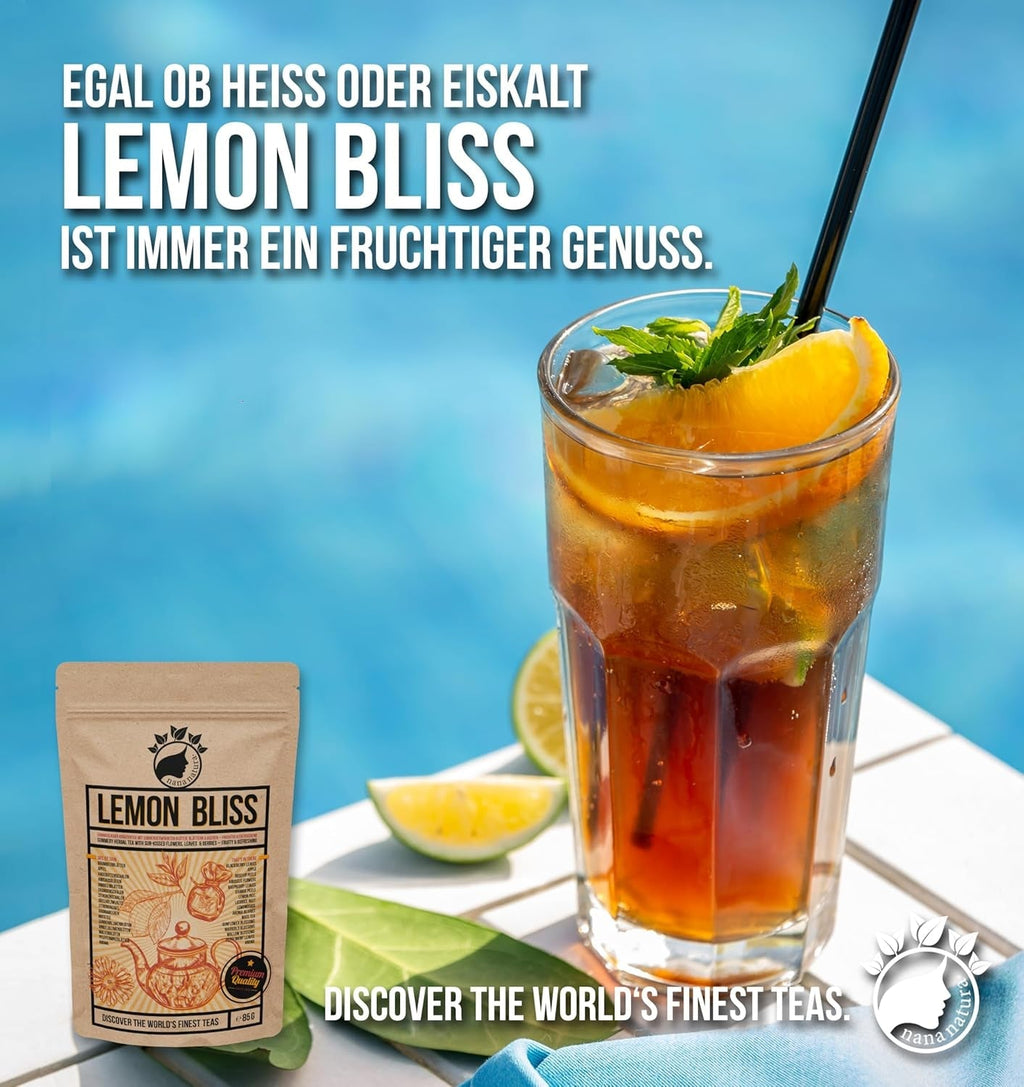 Nananatura'S Original LEMON BLISS TEA 85G | Ceai de plante de vară fructat și răcoritor | Ca ceai rece, ceai rece sau clasic fierbinte | Cu flori, frunze și fructe de pădure coapte la soare | Fără zahăr