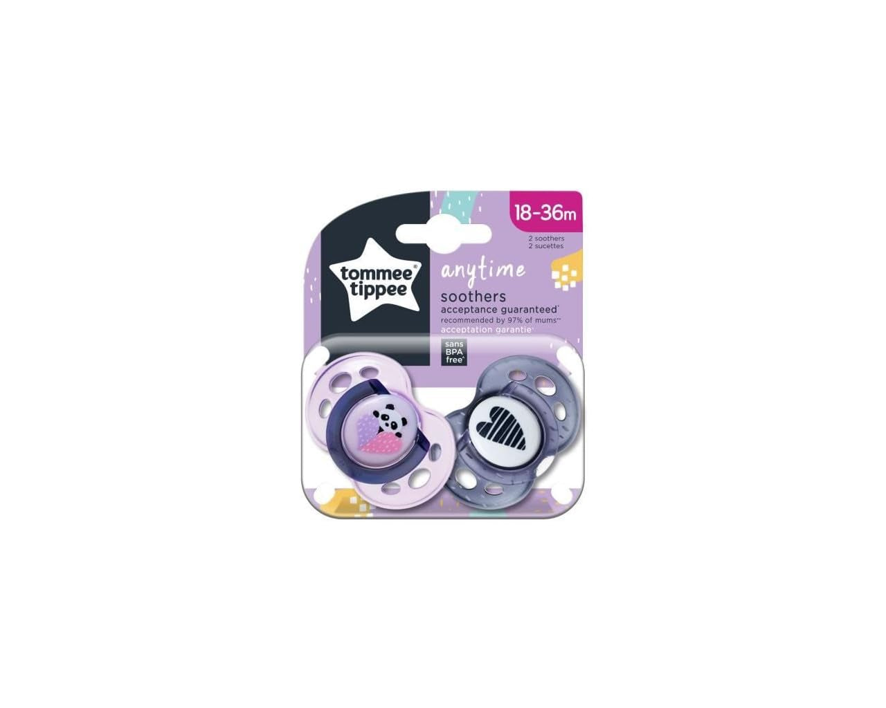 Suzetă Tommee Tippee Anytime, formă ortodontică simetrică, silicon fără BPA, 18-36 luni, 2 bucăți, multicoloră