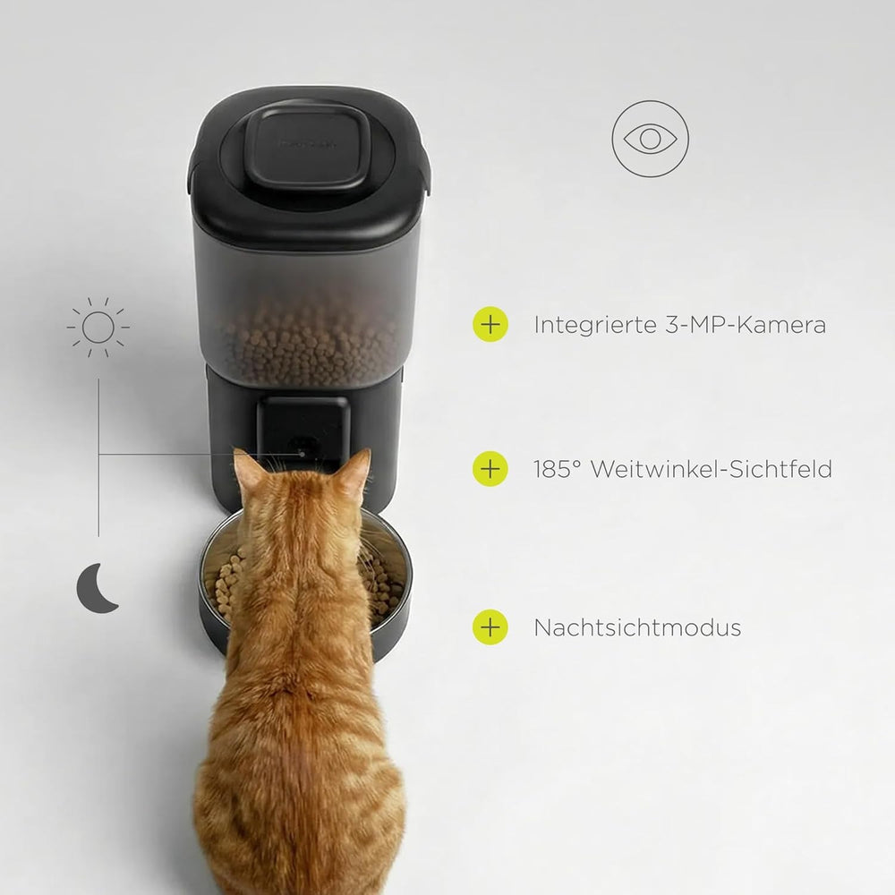 Hrănitor automat pentru pisici Feast cu aplicație și cameră, video live cu vedere nocturnă și audio bidirecțional, control al porțiilor, bol din oțel inoxidabil, fântână de băut pentru pisici cu filtru, 4,5 l și 2,5 l