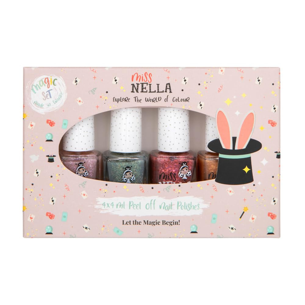 Miss Nella Magic Collection 4 Piece Glitter Nail Polish Set: Pink, Red, Gold and Blue, Kids Special Removable Nail Polish, Non-Toxic, Water-Based, Odorless