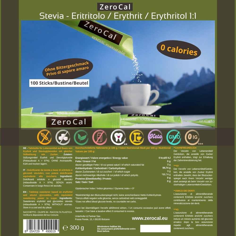 Zerocal - 1:1 (Erythritol + Stevia) 100 Sticks Je 3 G | Ideal for sweetening coffee, tea and other drinks Gleiche Süßkraft Von Zucker | Gluten-free, Vegan, GMO-Free | Kalorien Und GI = 0 Sweeteners Naty Shop
