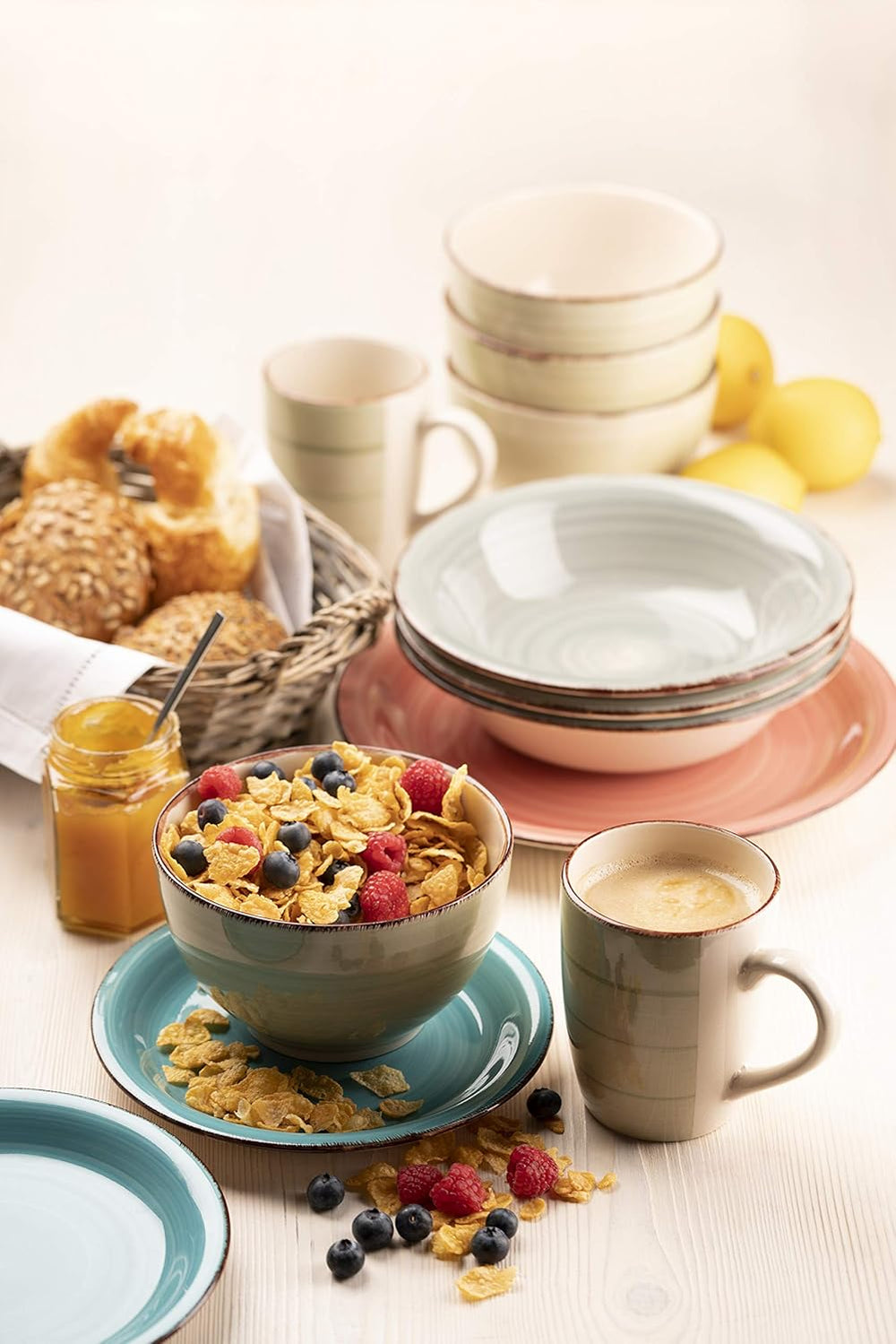 MÄSER Bel Tempo II Teller-Set für 6 Personen im modernen Vintage Look, 12-teiliges Tafelservice, handbemalt, Türkis, Steingut, 27 centimeters