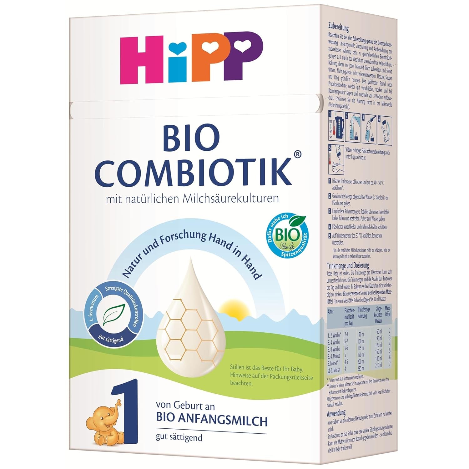 HiPP 1 Organic Combiotik (4 x 600g), milk powder formula for infants from birth, with natural cultures of lactic acid and easy-to-treat organic starch, of the best organic quality