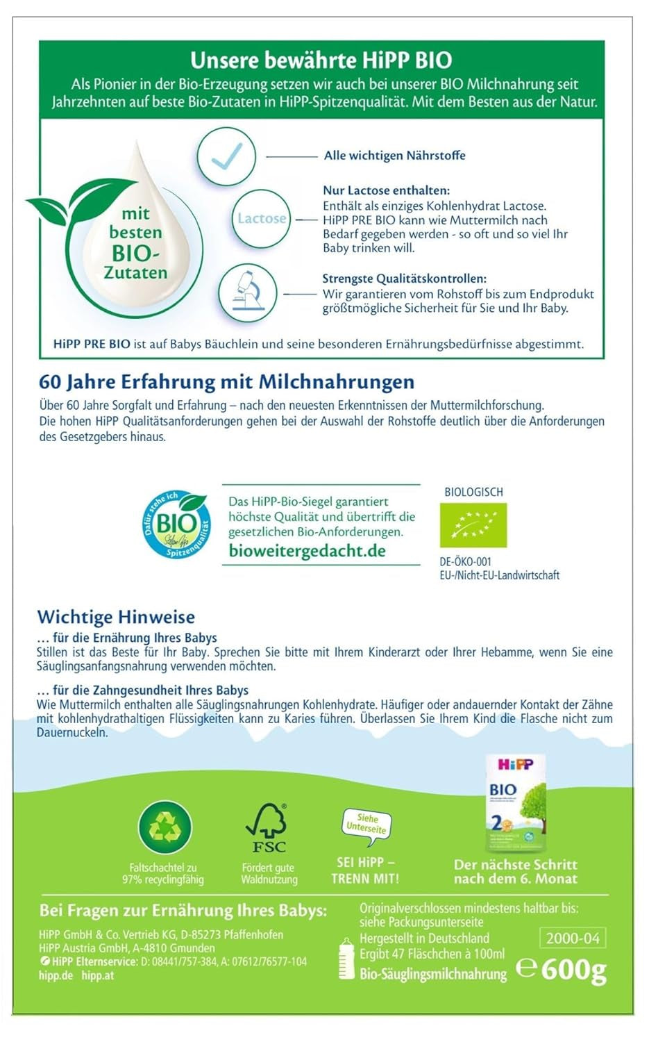 HiPP PRE organic infant milk (4 x 600g), from birth, contains only lactose as a carbohydrate, of the best organic quality