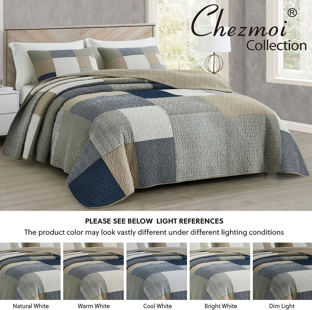 Chezmoi Collection Addy Patchwork Quilt Set bumbac pre-spălat, ușor, reversibil, pentru toate anotimpurile, supradimensionat, 3 piese, albastru marin, alb, gri, taupe, în carouri Plapumi si pilote Naty Shop
