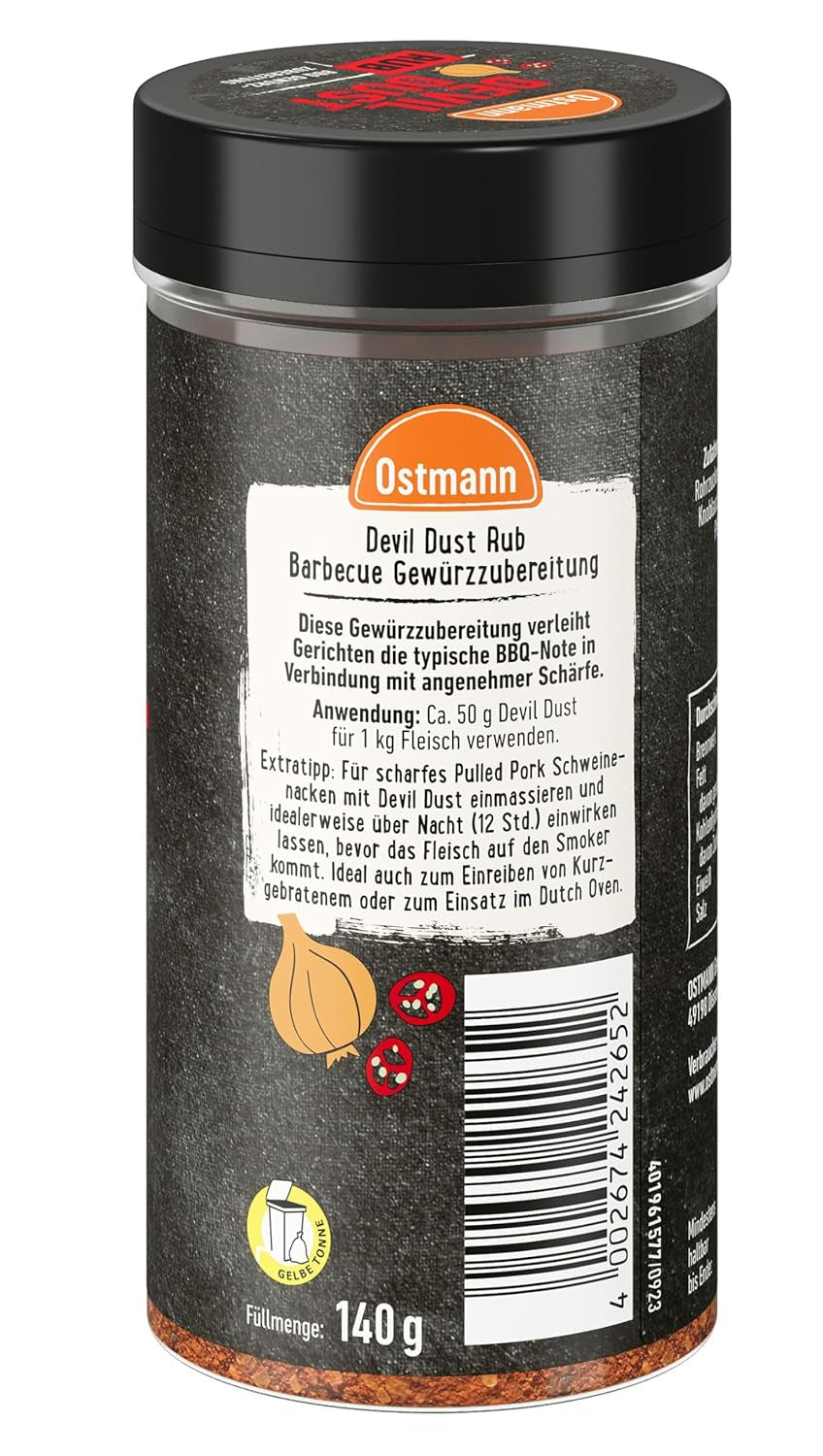 Ostmann Gewürze - Devil Dust | BBQ Rub Gewürzzubereitung | Scharfe Trockenmarinade für Grillfleisch | 140 g in a strainer