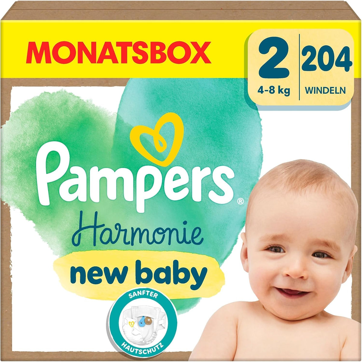 Pampers Harmony diapers size 2, 204 diapers, 4kg-8kg, gentle skin protection with 100% Pampers protection