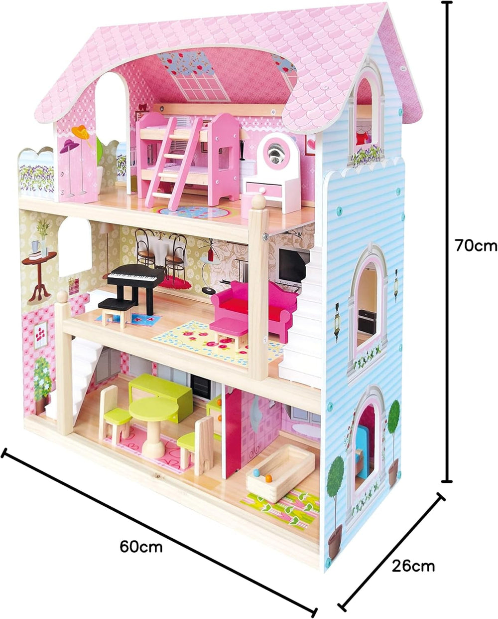 Bino World of Toys Dollhouse with balcony, Toy for toddlers from 3 years old, with 3 floors, stairs, 4 rooms and balcony incl. 15-TLG. Accessories, To promote children's skills, Pink design Naty Shop dollhouses