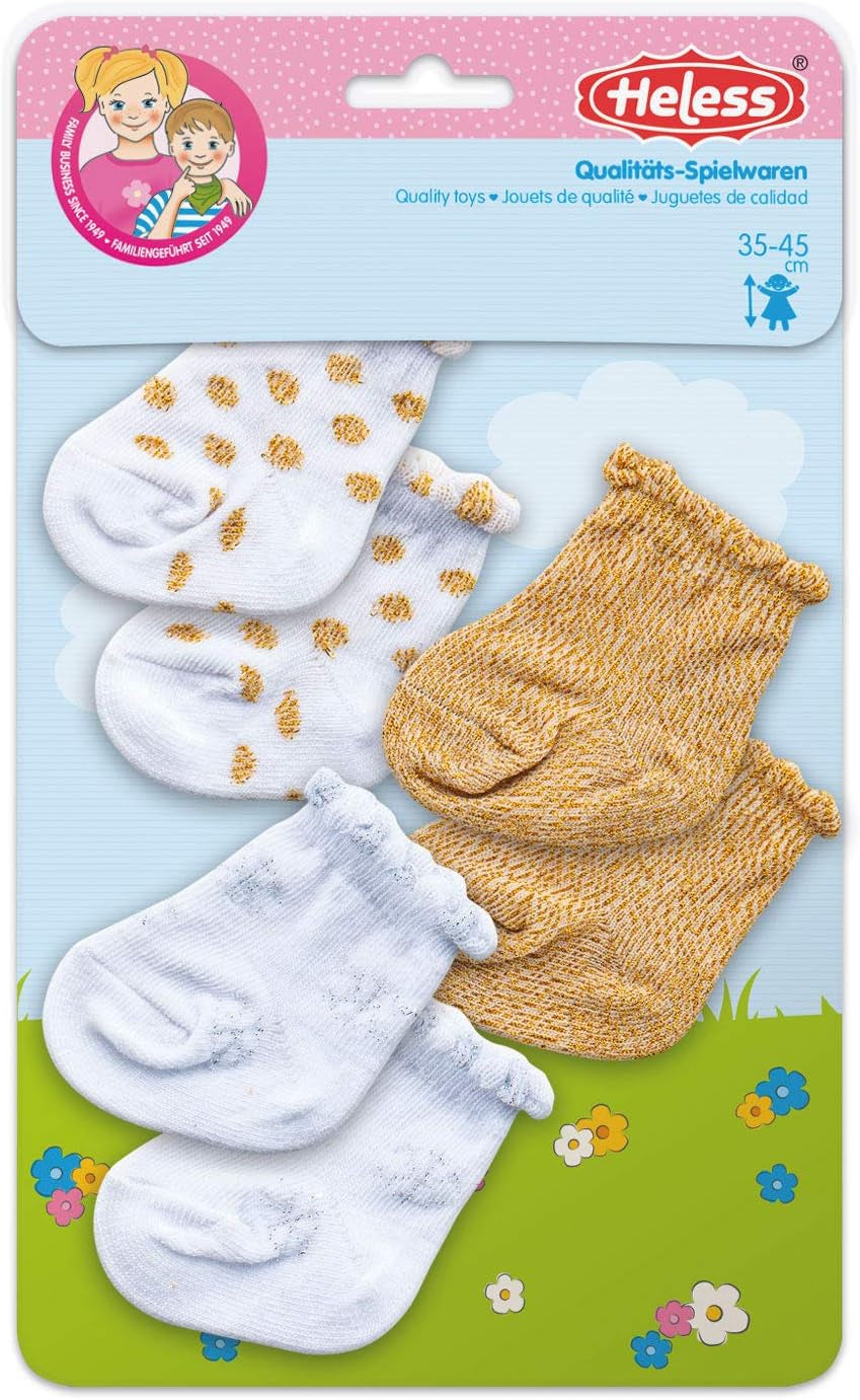 Heless 1711 - Söckchen mit Glitzer für Puppen, in den Farben Weiß, Gold und Silber, 3 Paar, Größe 28 - 35