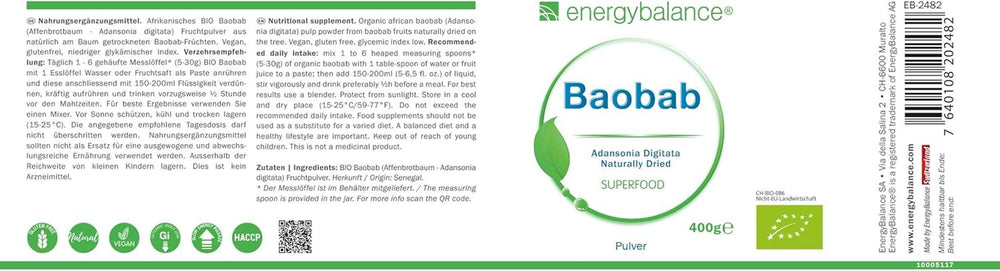 Baobab organic powder - vitamin C, calcium, magnesium, potassium, 400 grams Aromas Naty Shop