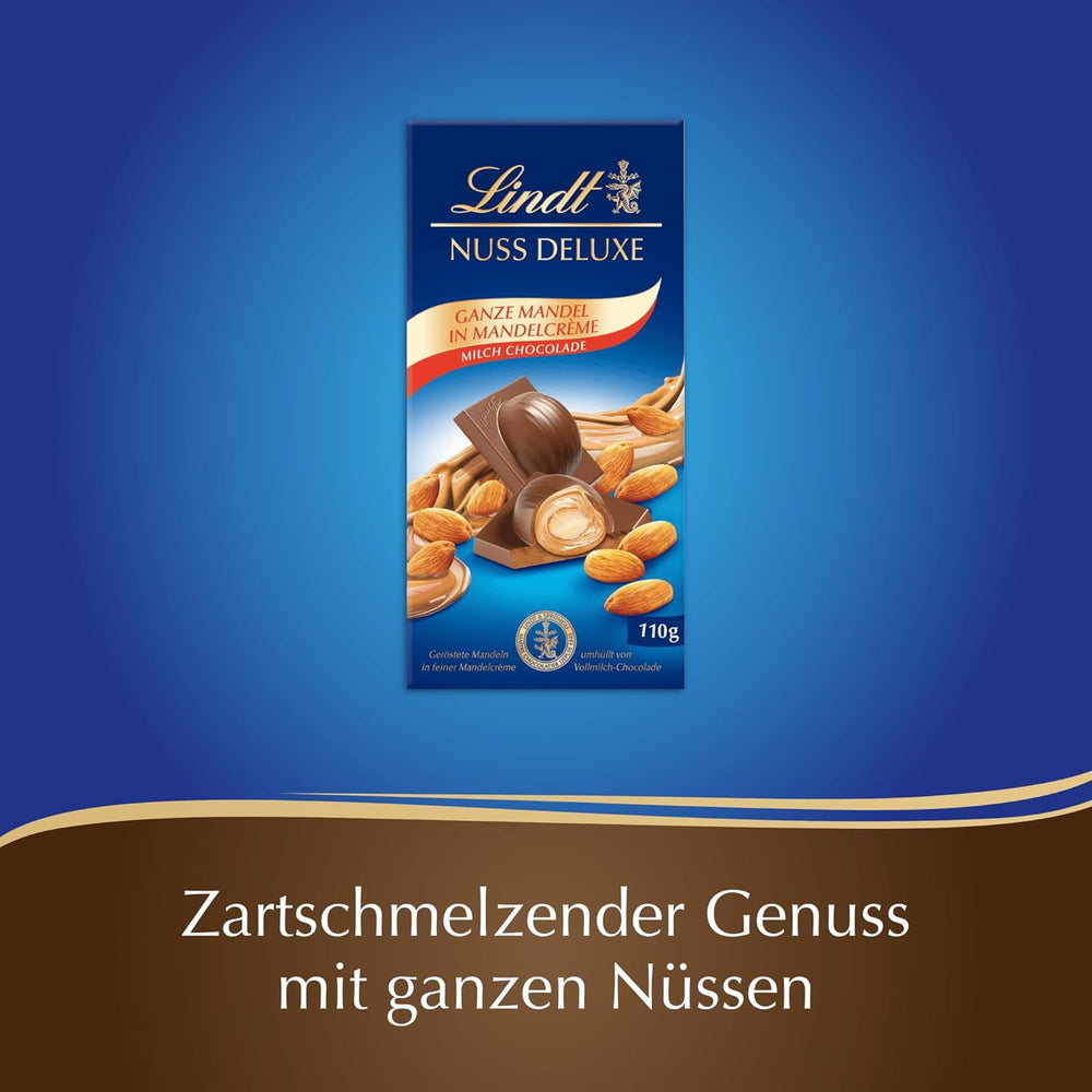 Lindt Chocolate | NUT DELUXE Chocolate bar with milk and almonds | 110g | Milk chocolate with roasted almonds in a smooth almond cream | Chocolate bar