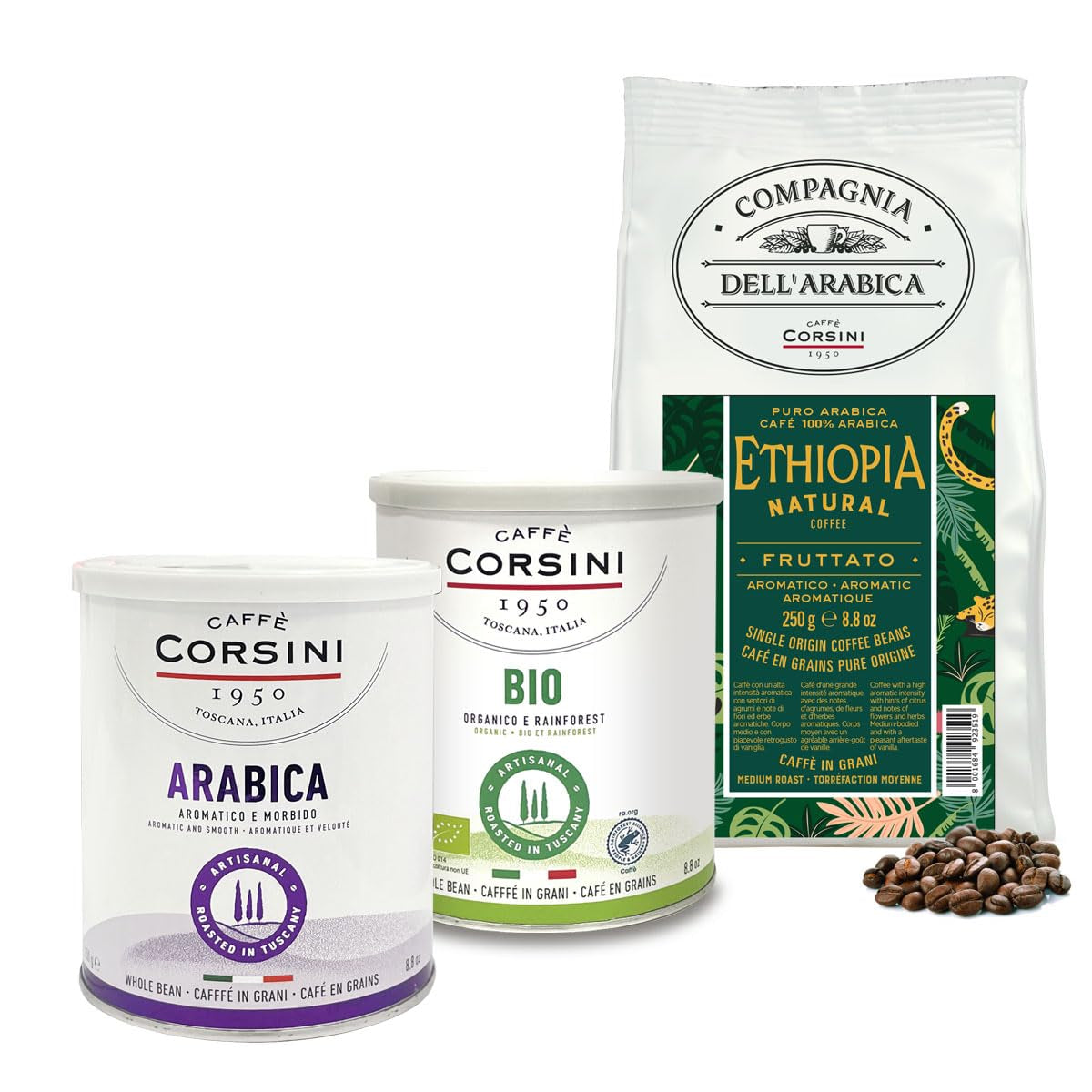 Caffè Corsini - Set Kaffeebohnen Aromatisch Bio & Fruchtige Aromen, Nachhaltig, 3x250g, Gesamt 750g