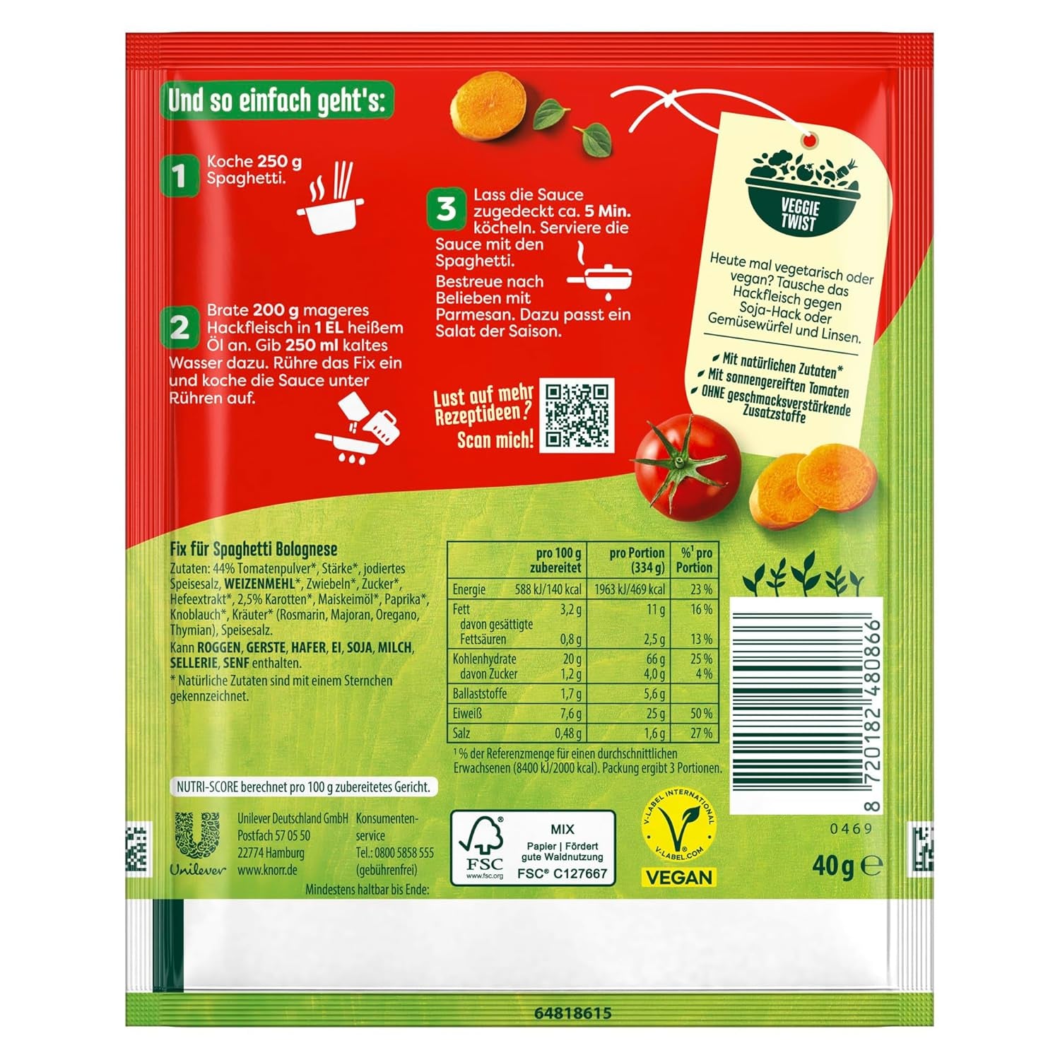 Knorr Fix Würzmischung Spaghetti Bolognese for a delicious noodle dish with natural ingredients 40 g