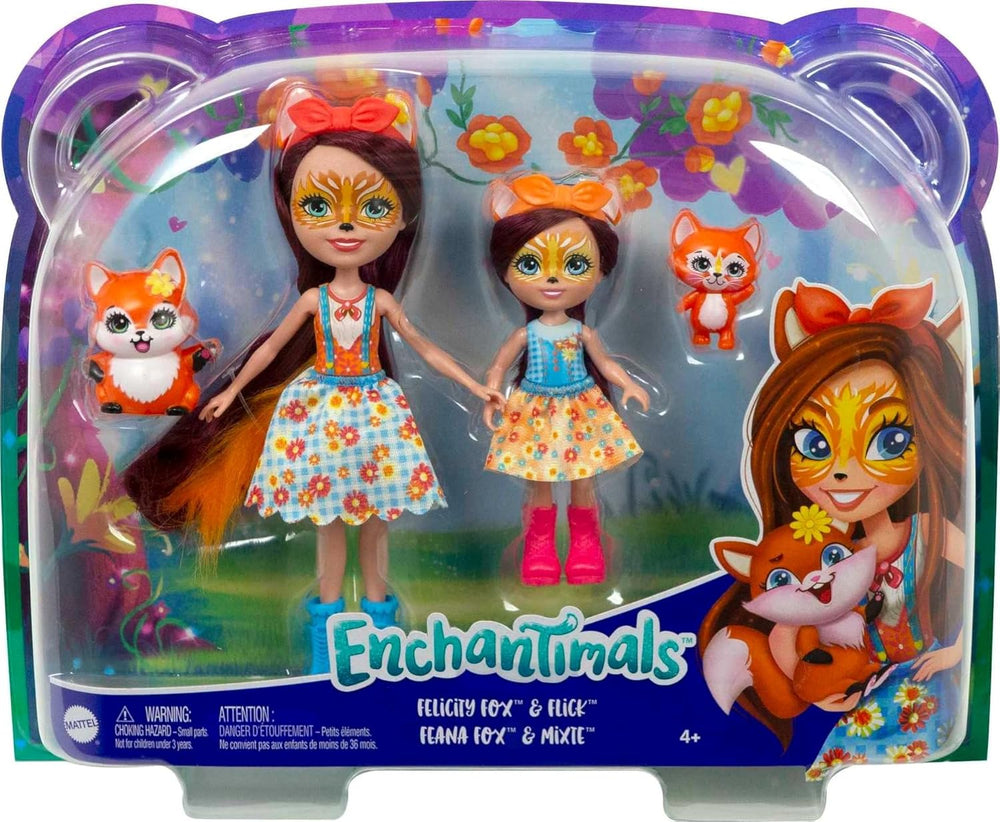 Enchantimals HCF81 - Felicity Fox și sora ei mai mică (aprox. 15 cm și aprox. 10 cm) și 2 figurine animale, fustă detașabilă și accesorii, cadou excelent pentru copiii cu vârsta de 3 ani și peste