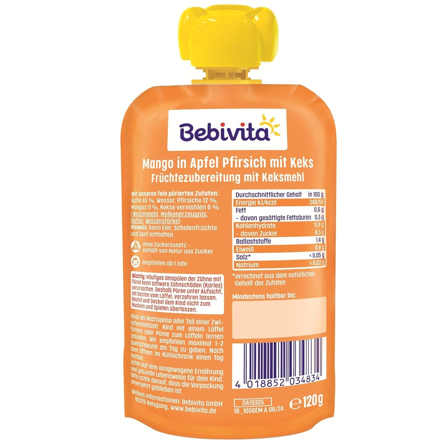 Mango in apple and peach sauce with a bag of biscuits (6 x 120g), no added sugar, made from mild fruits and valuable cereals, ideal for packed snacks and on the go.