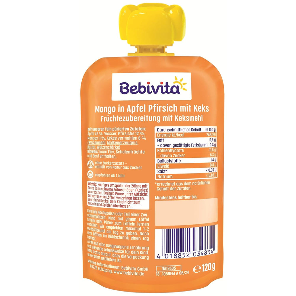 Mango in apple and peach sauce with a bag of biscuits (6 x 120g), no added sugar, made from mild fruits and valuable cereals, ideal for packed snacks and on the go.