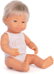 Miniland Dolls: europäische Babypuppe Junge, blond, mit Down Syndrom aus weichem Vinyl, 38 cm, präsentiert mit Unterwäsche in Geschenkbox (31263)