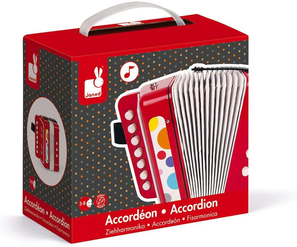 Janod - Acordeon Confetti, instrument muzical pentru copii, replică de jucărie și jucărie pentru percepție muzicală, curea de prindere, roșu, de la 3 ani, J07620 Jucarii Bebe Naty Shop