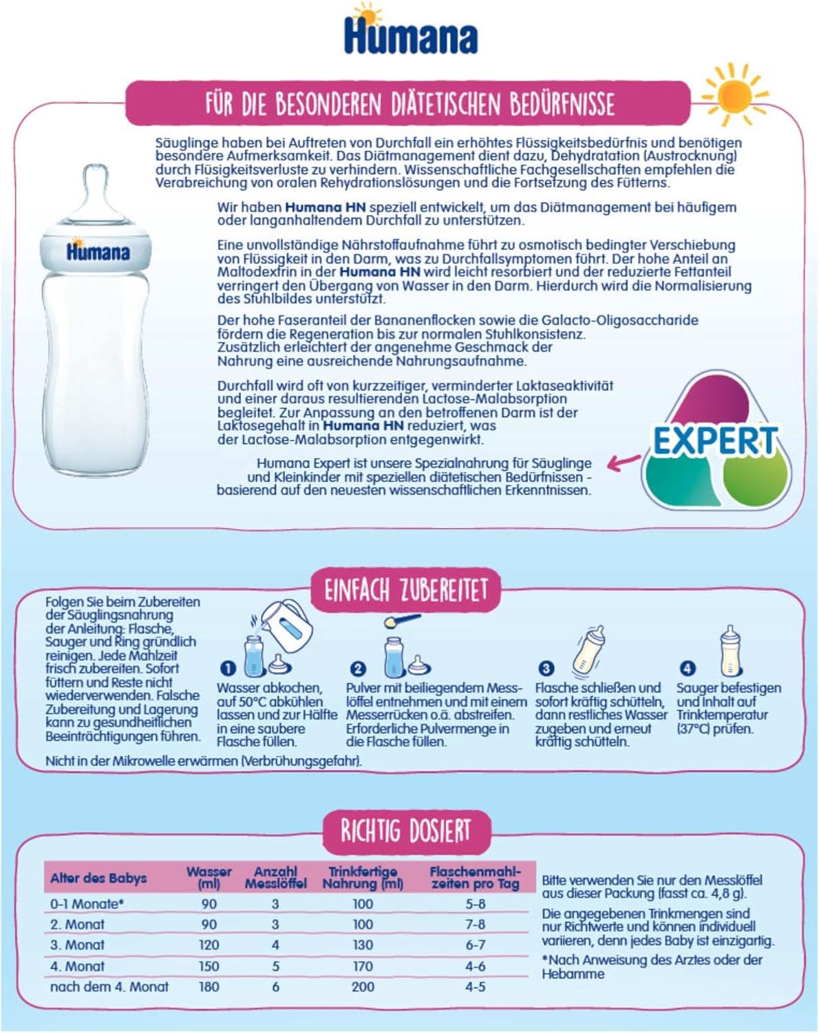 Humana HN Expert, from birth, special food for frequent or long-term diarrhea, supports the normalization of the stool pattern, with banana, 300 g Naty Shop