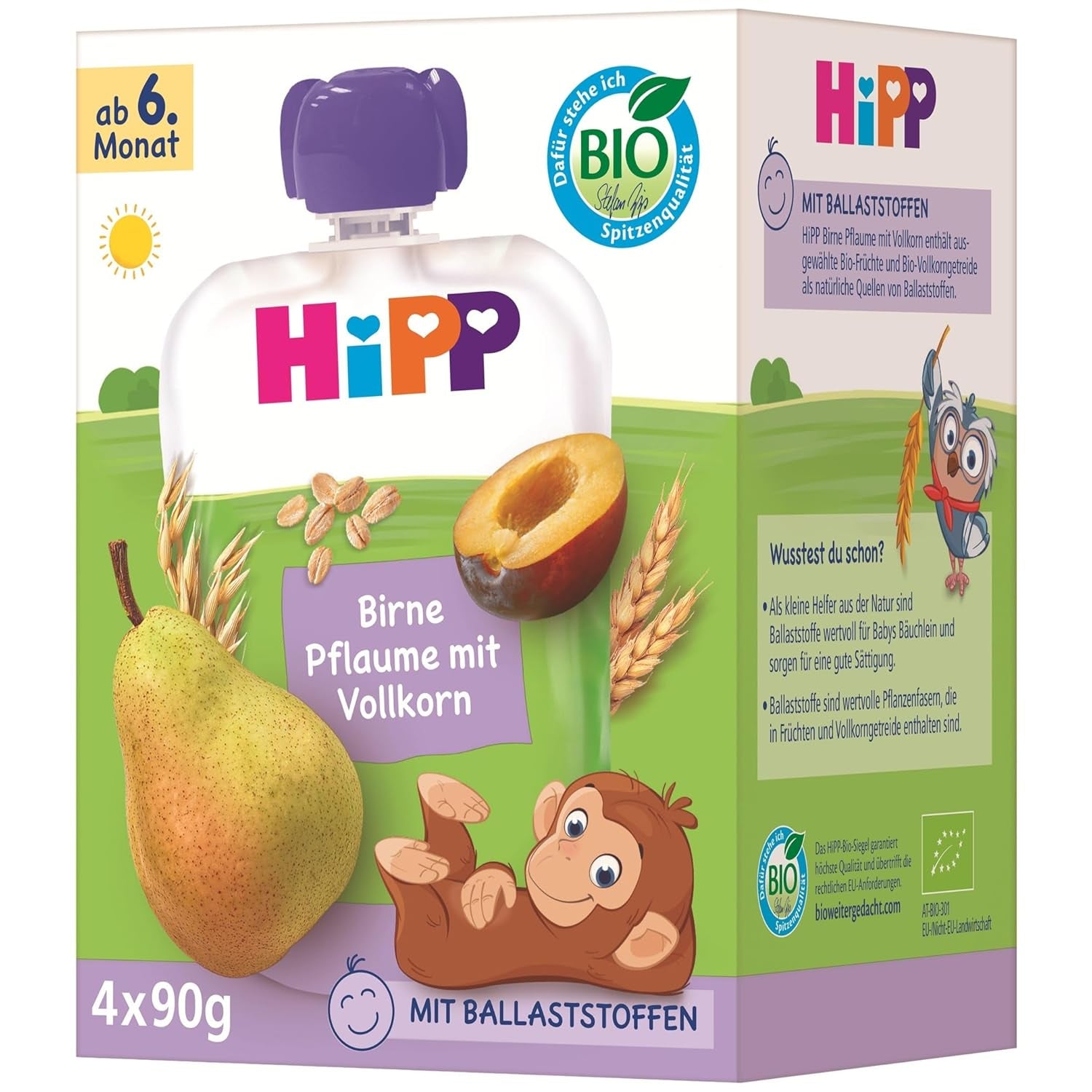 HiPP Organic Pear and Plum Sachets, Whole Grain, 16 Pieces (4 Packs of 4 x 90g Each), for Babies from 6 Months, No Added Sugar, Vegan, Best Organic Quality