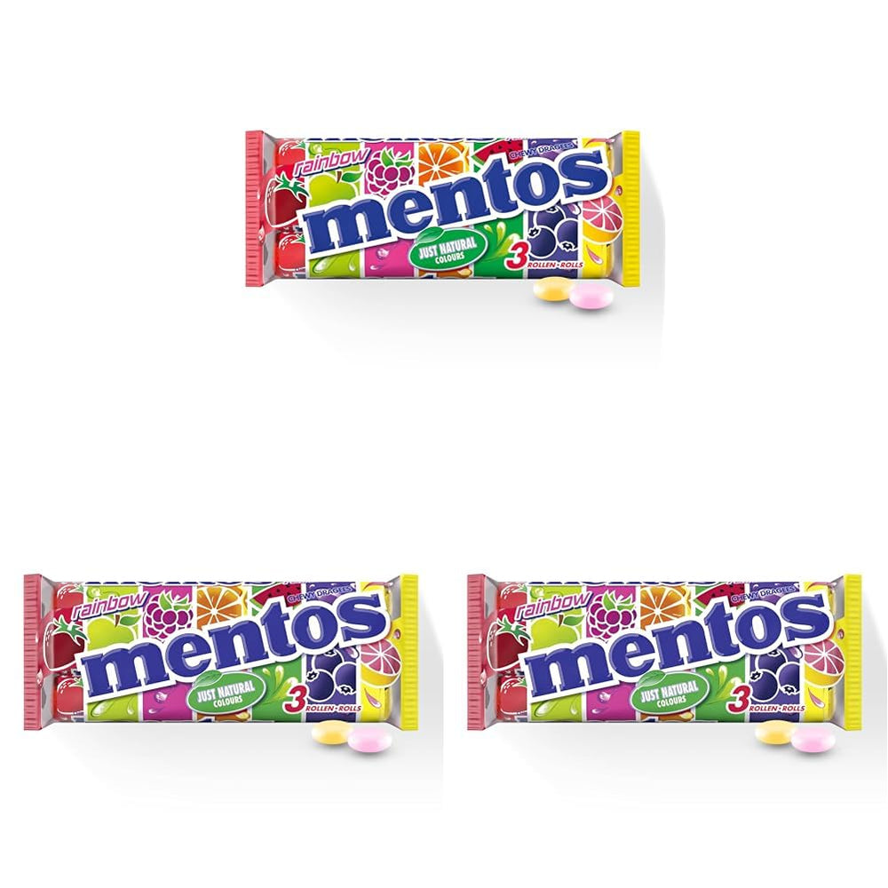 Mentos Fruit Dragees Orange Lemon Strawberry Chewy Fruit Flavored Sweets (3 Rolls), Vegan (Pack of 3)