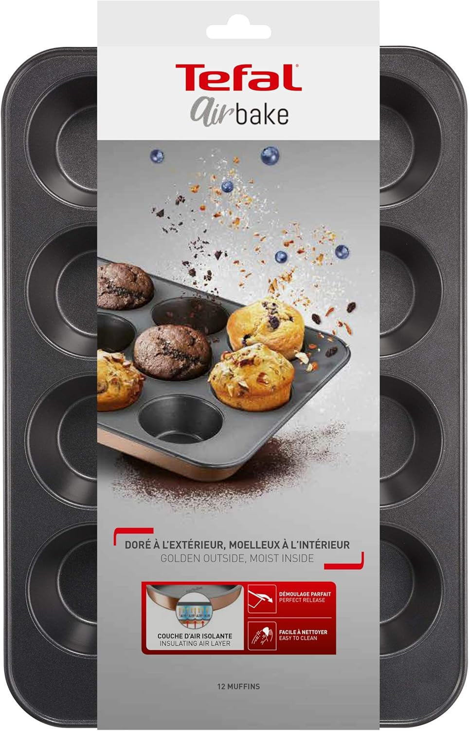 Tefal Airbake J2555014 Muffinform, Antihaftbeschichtung, Karbonstahl, Braun, 29 X 41 Cm Molds and trays for baking Naty Shop